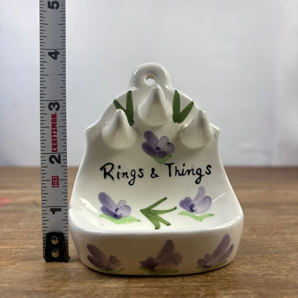 Vintage Rings & Things Ceramic Wall Mounted Ring Holder Floral Trinket cottage